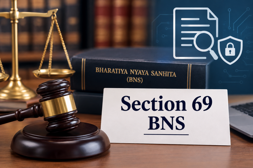 A legal desk with a white placard over which Section 69 BNS is written